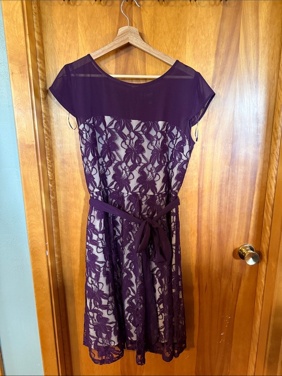 dressbarn Dresses & Skirts - dressbarn Deep Purple Lace Fit-and-Flare Dress with Tie Waist